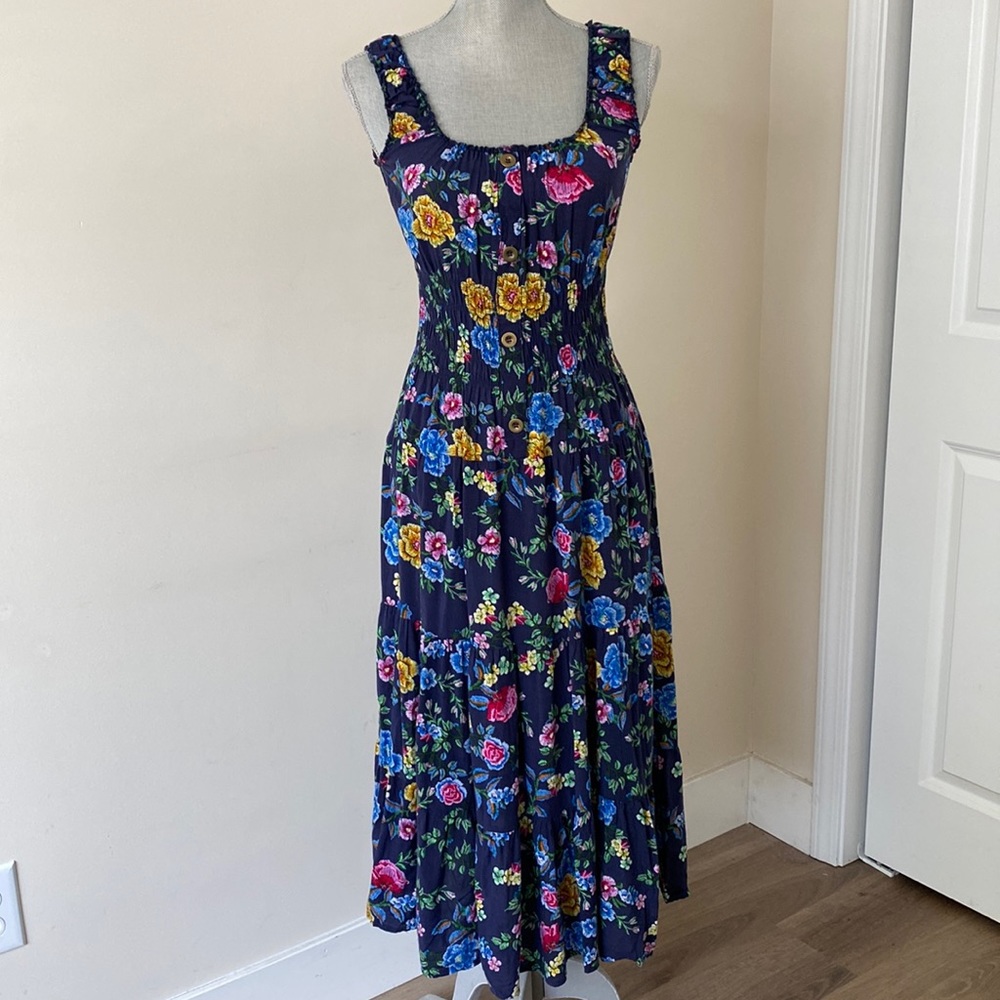 Fairy Grunge Lapis Sleeveless Maxi Dress Colorful Floral Navy Size Small